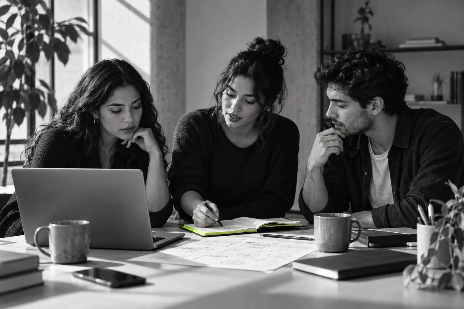 Escena ilustrativa de tres personas aprendiendo y desarrollando ideas en equipo.